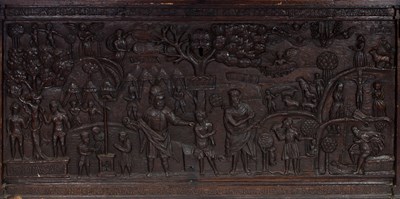 Lot 77 - An oak chest dated 1568, the hinged cover with...