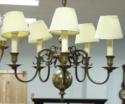 Lot 881 - A Dutch brass five-light electrolier with...