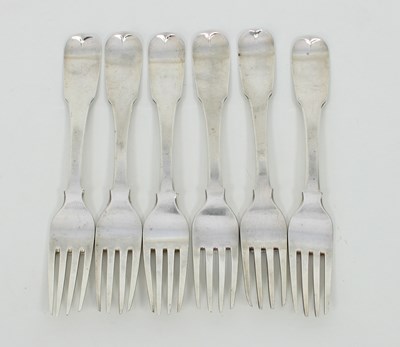 Lot 562 - Six Irish silver table forks, William Law,...