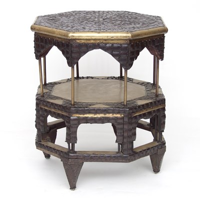 Lot 827 - A brass and polished coconut shell two-tier...