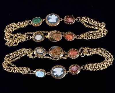 Lot 493 - A pair of hardstone cameo bracelets, each on a...