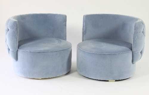 Lot 52 - A pair of pale blue velvet circular tub chairs,...