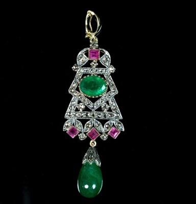 Lot 247 - An emerald, ruby and diamond pendant, of...