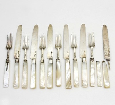 Lot 71 - A mother-of-pearl handled set of silver...