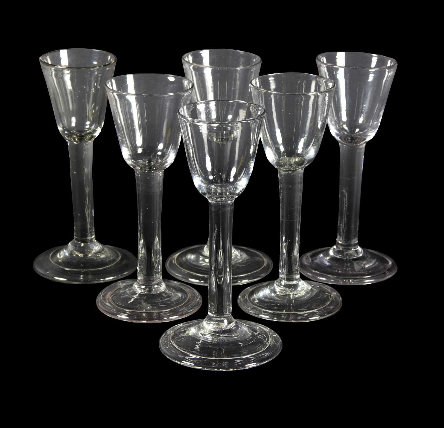 Lot 35 - Six English plain stem wine glasses, circa...