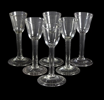 Lot 35 - Six English plain stem wine glasses, circa...