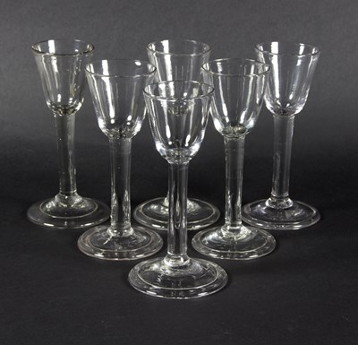 Lot 35 - Six English plain stem wine glasses, circa...