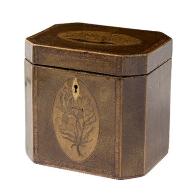 Lot 353 - A George III harewood and floral inlaid cuboid...