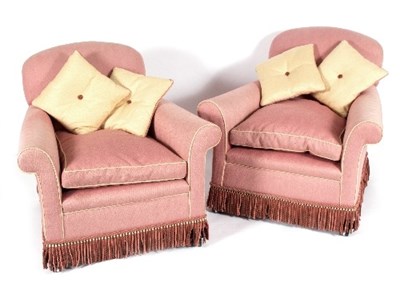 Lot 63 - A pair of upholstered armchairs fitted loose...