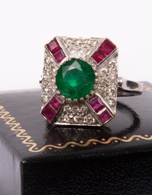 Lot 95 - An 18ct white gold, emerald, ruby and diamond ring