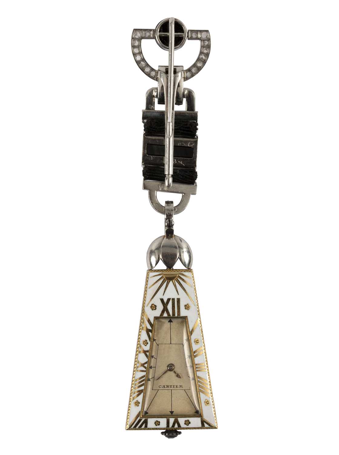 Lot 275 - A Cartier 'Egyptian' onyx and diamond lapel...