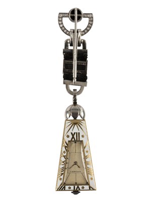 Lot 275 - A Cartier 'Egyptian' onyx and diamond lapel...