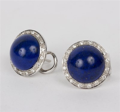 Lot 121 - A pair of lapis and diamond ear clips of...