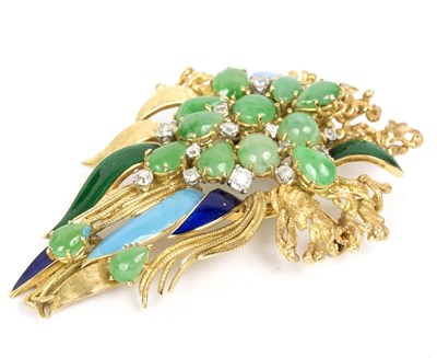 Lot 131 - A diamond, jadeite and enamel brooch of modern...