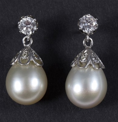 Lot 160 - A pair of pearl and diamond drop earrings,...