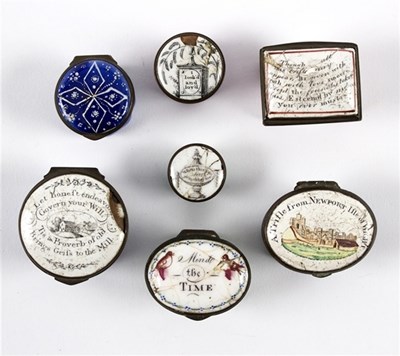 Lot 253 - Six English enamel printed bonbonnieres and...