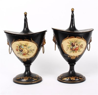 Lot 294 - A pair of oval toleware vases with lion mask...