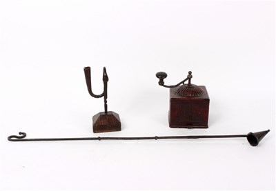 Lot 307 - A rush light holder, a coffee grinder and a...