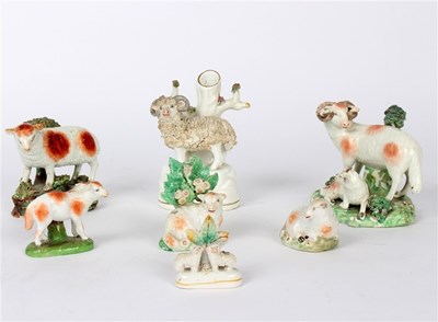 Lot 404 - Two Derby models of recumbent sheep, two...