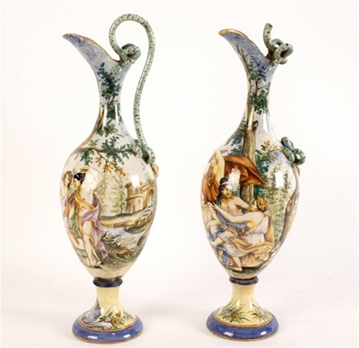 Lot 306 - A pair of Cantagalli style maiolica ewers with...