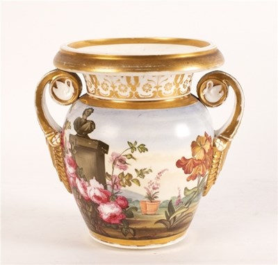 Lot 308 - A Paris porcelain vase, the scroll handles...