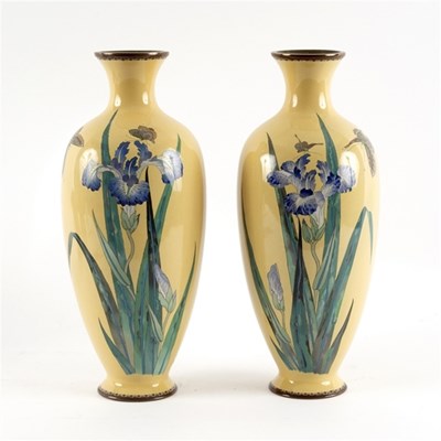 Lot 341 - A pair of yellow ground cloisonn?? vases of...