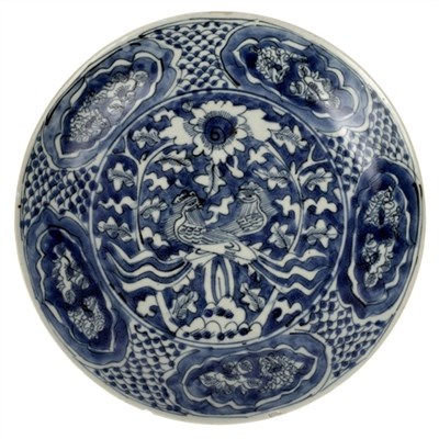 Lot 360 - A Swatow blue and white saucer dish, decorated...