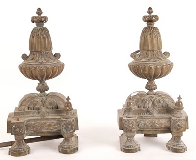 Lot 387 - A pair of 19th Century brass andirons of vase...