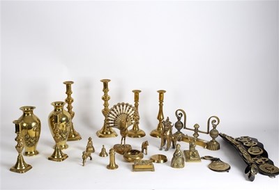 Lot 399 - Three pairs of brass candlesticks, a pair of...