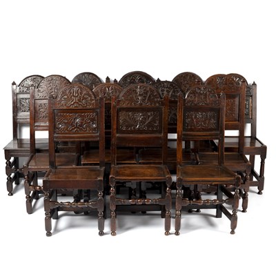 Lot 19 - A harlequin set of twelve oak back stools,...