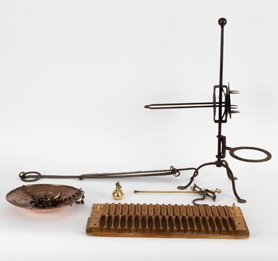 Lot 39 - A wrought iron spit stand, a chimney jack and...