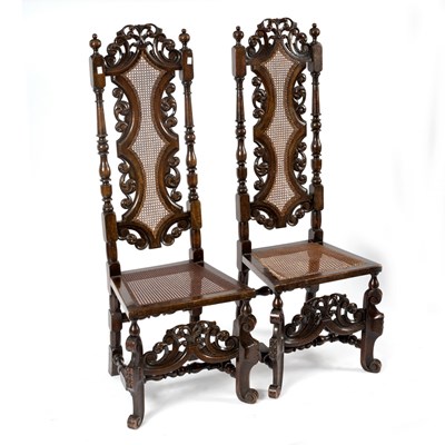 Lot 91 - A pair of high back chairs of Carolean design...