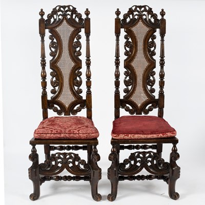 Lot 91 - A pair of high back chairs of Carolean design...