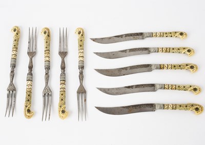 Lot 591 - A set of five pairs of bone handled knives and...