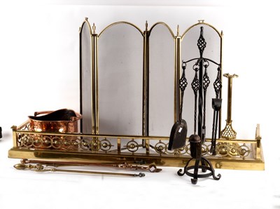 Lot 405 - A pierced brass fire curb, a brass and wire...