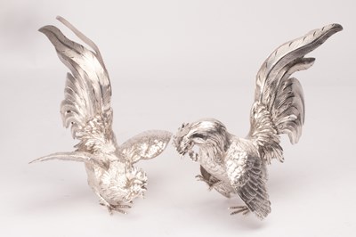 Lot 164 - Two silver table cockerels