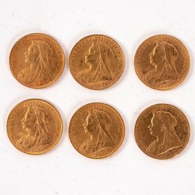 Lot 87 - Six Queen Victoria gold sovereigns, 1895 (M),...