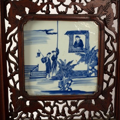 Lot 282 - A Chinese four-panel screen, each panel set...