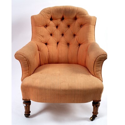 Lot 410 - A Victorian button back armchair on moulded...