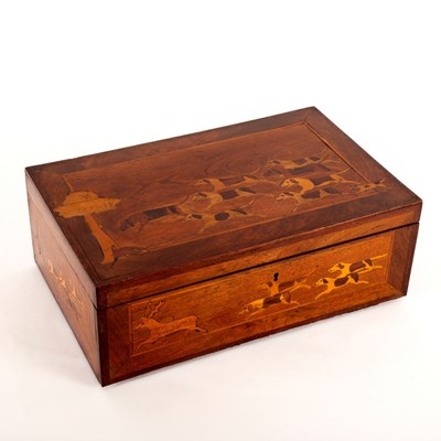 Lot 938 - A marquetry workbox inlaid a hunting scene,...