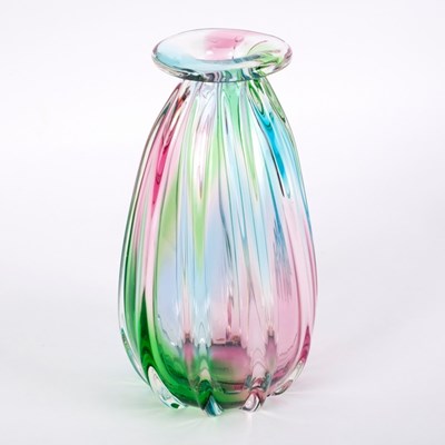 Lot 44 - A ribbed studio glass vase in iridescent pink,...