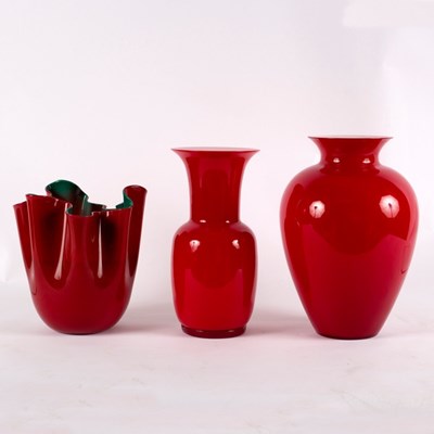 Lot 57 - Venini, a Fazzoletto Opalino vase in red, 90th...