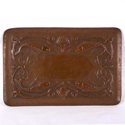Lot 270 - Newlyn School, a copper tray, the hammered...