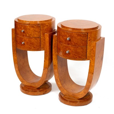 Lot 337 - A pair of modern bedside tables, in burrwood...