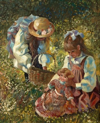 Lot 412 - M Hays/Picking Cowslips/two girls in a flower...