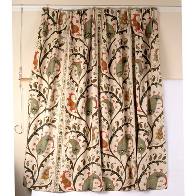 Lot 662 - Two pairs of woven curtains, cream ground with...