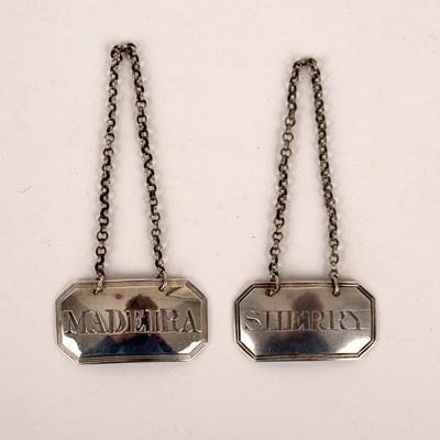 Lot 61 - Two George III silver wine labels, Phipps &...