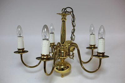 Lot 13 - A brass five-light electrolier with scroll...
