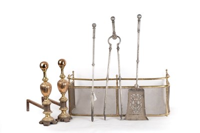 Lot 549 - Three burnished steel fire irons, a pair of...
