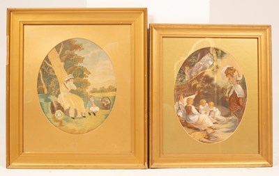 Lot 451 - A Georgian oval needlework of a picnic, 30cm x...